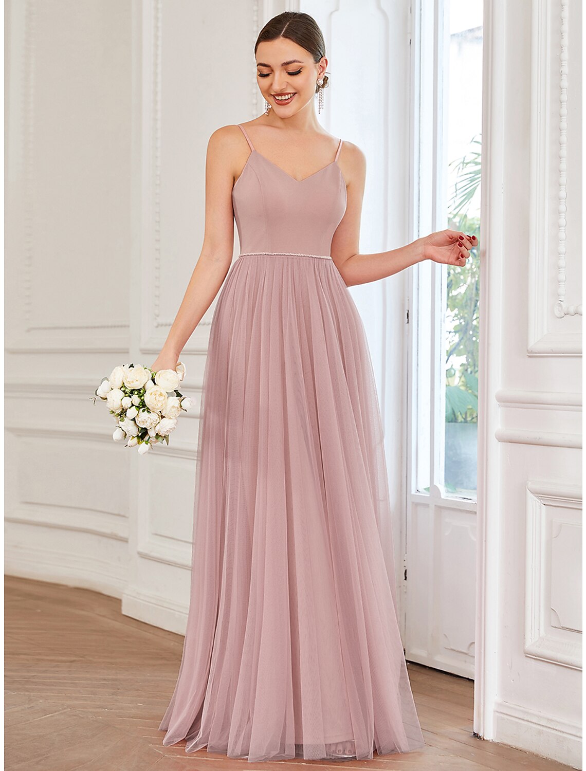Wholesa A-Line Prom Dresses Vintage Dress Wedding Guest Prom Floor Length Sleeveless V Neck Bridesmaid Dress Tulle V Back with Pleats Draping