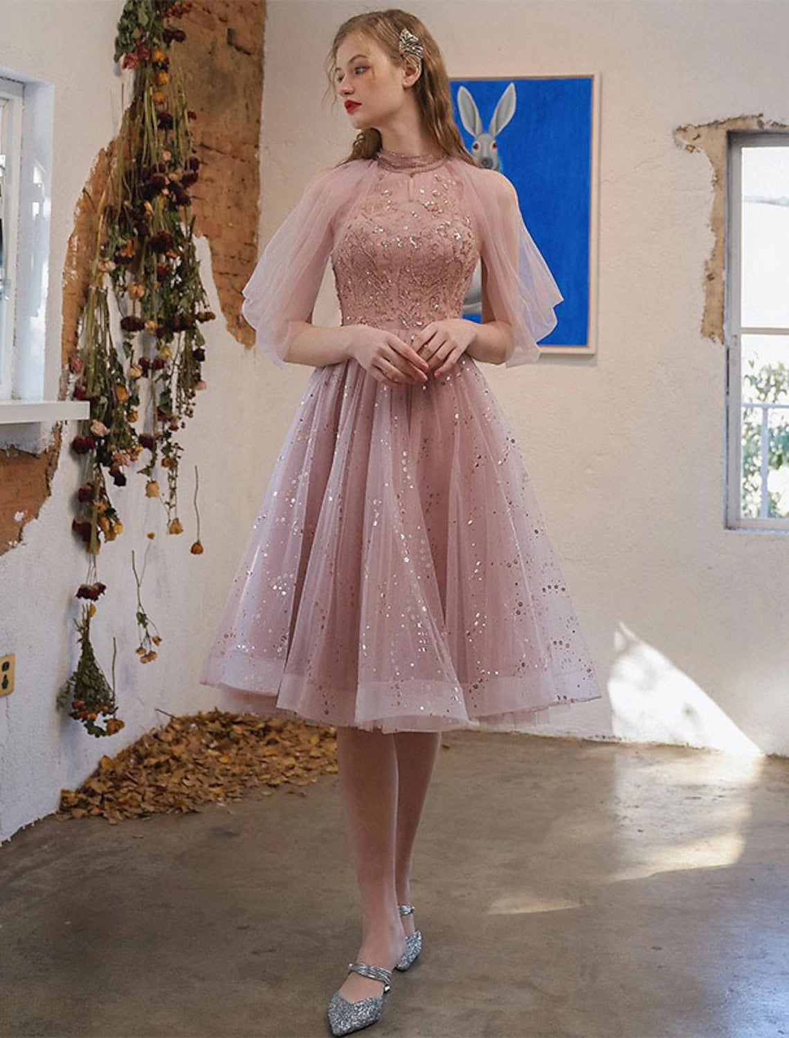 wholesale   A-Line Cocktail Dresses Party Dress Graduation Engagement Knee Length 3/4 Length Sleeve Jewel Neck Tulle with Sequin Appliques