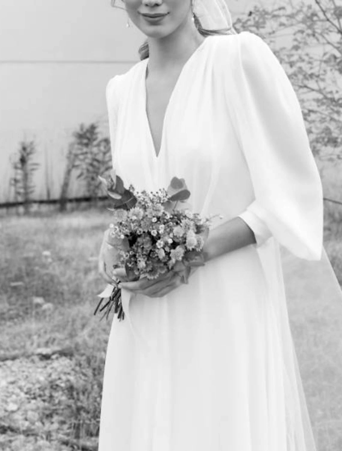 Wholesa  Little White Dresses Wedding Dresses A-Line V Neck Half Sleeve Asymmetrical Chiffon Bridal Gowns With Ruched Solid Color