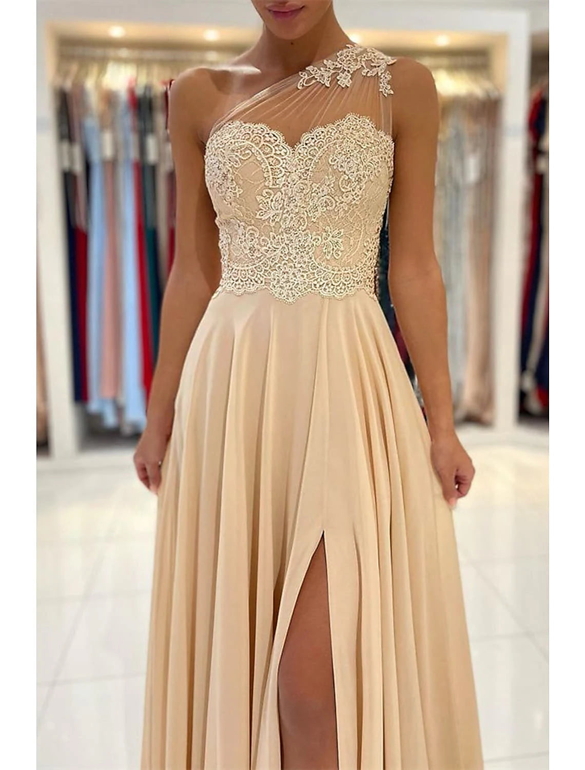 Wholesa A-Line Prom Dresses Sexy Dress Formal Wedding Guest Court Train Sleeveless One Shoulder Chiffon with Slit Appliques