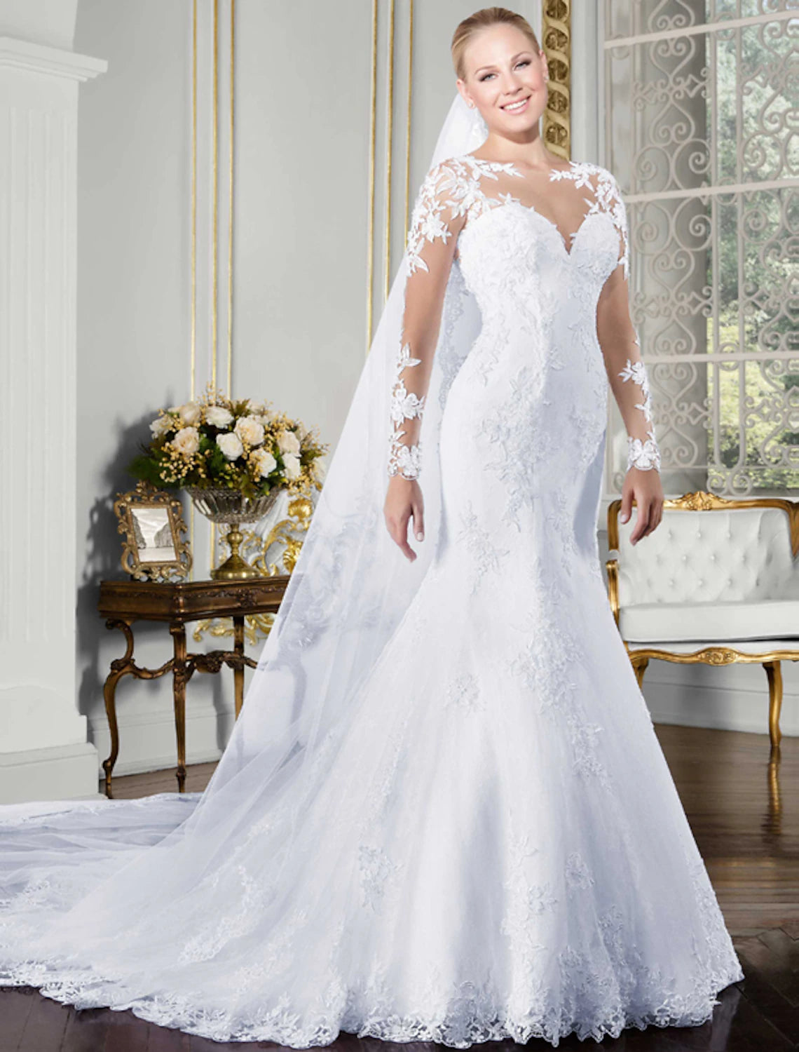 wholesale  Open Back Sexy Formal Fall Wedding Dresses Mermaid / Trumpet Illusion Neck Long Sleeve Chapel Train Lace Bridal Gowns With Lace Appliques