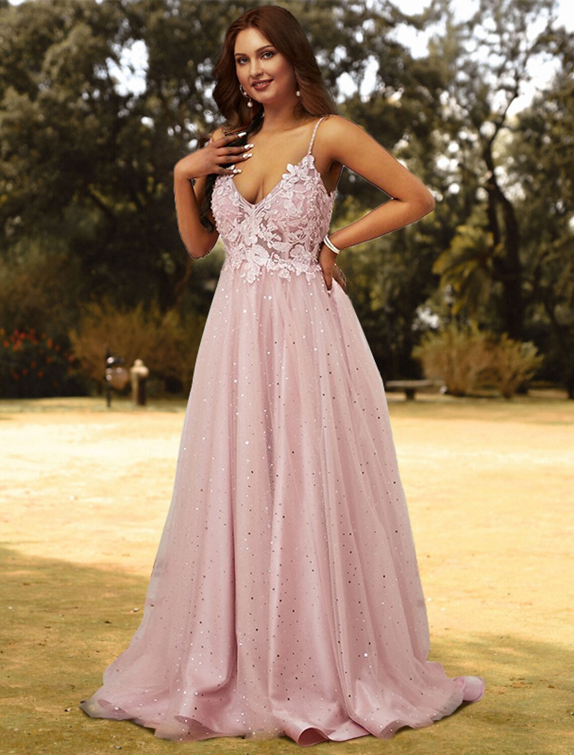Wholesa A-Line Prom Dresses Plus Size Dress Wedding Guest Prom Sweep / Brush Train Sleeveless V Neck Tulle with Appliques Pure Color