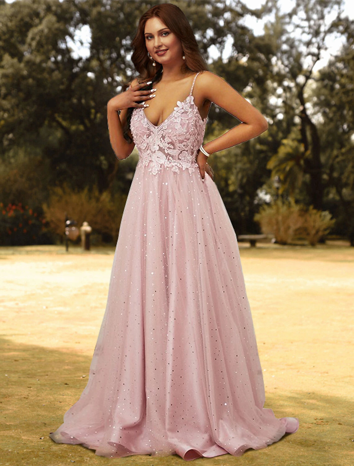 Wholesa A-Line Prom Dresses Plus Size Dress Wedding Guest Prom Sweep / Brush Train Sleeveless V Neck Tulle with Appliques Pure Color