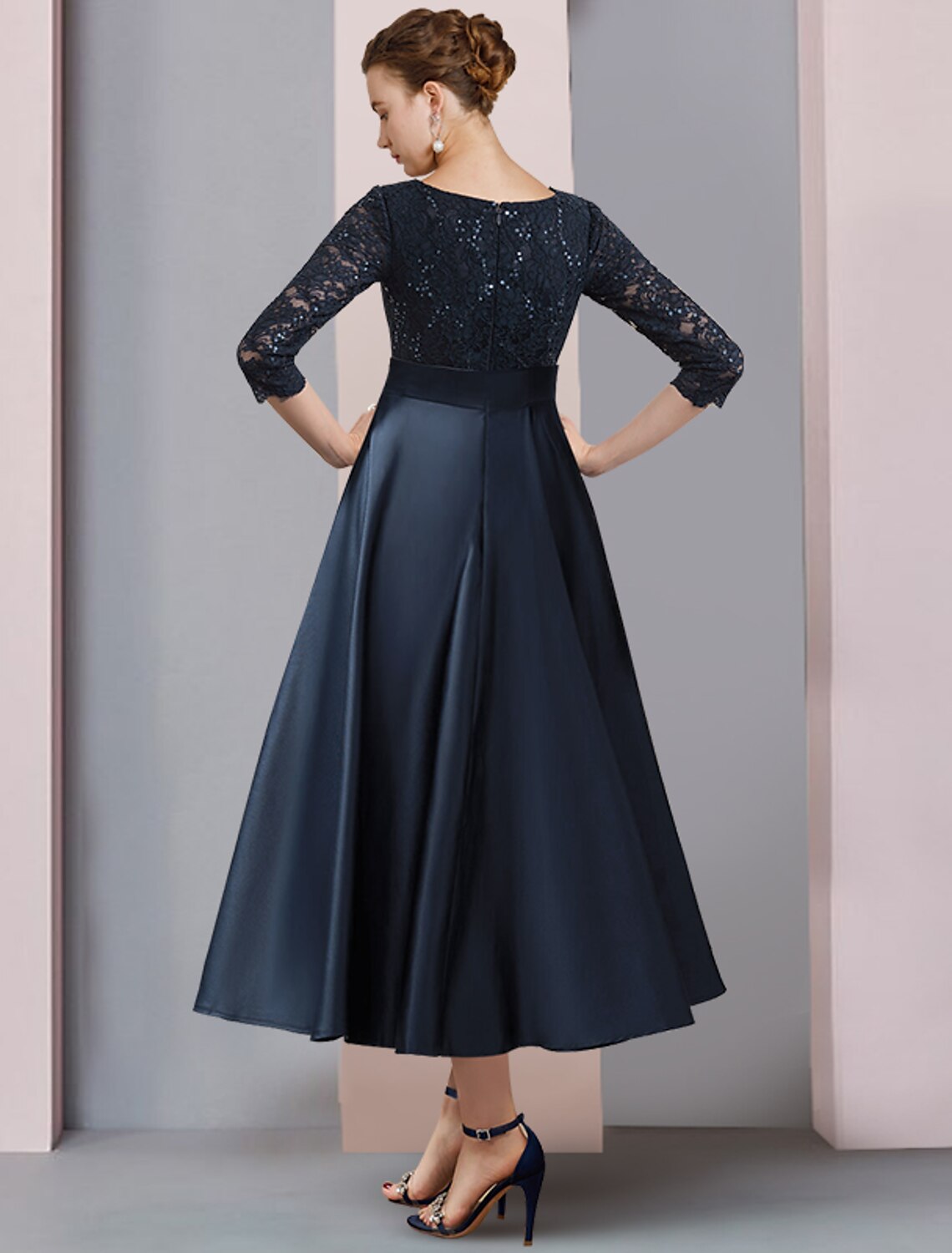 wholesale   A-Line Mother of the Bride Dress Wedding Guest Vintage Elegant V Neck Tea Length Satin Lace 3/4 Length Sleeve with Bow(s) Pleats Sequin