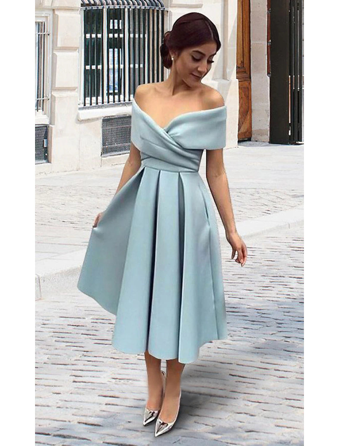 Wholesa A-Line Cocktail Dresses 1950s Dress Homecoming Formal Evening Tea Length Short Sleeve V Neck Stretch Fabric V Back with Pleats