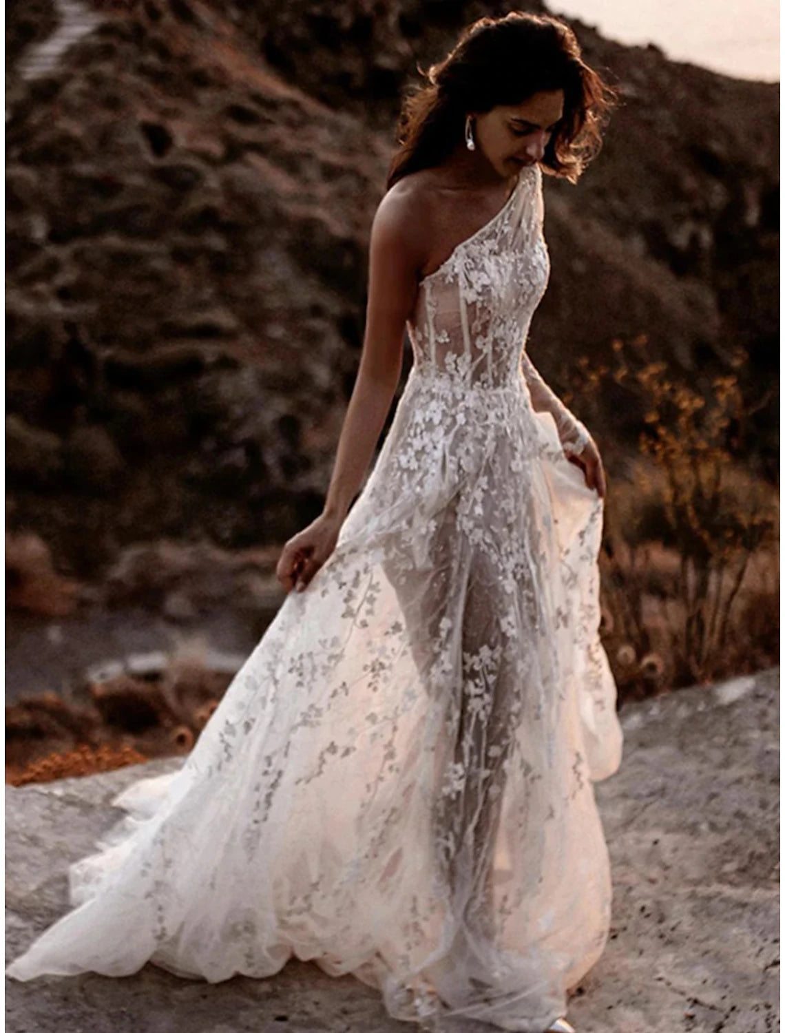 wholesale  Beach Sexy Boho Wedding Dresses A-Line One Shoulder Long Sleeve Sweep / Brush Train Lace Bridal Gowns With Split Front