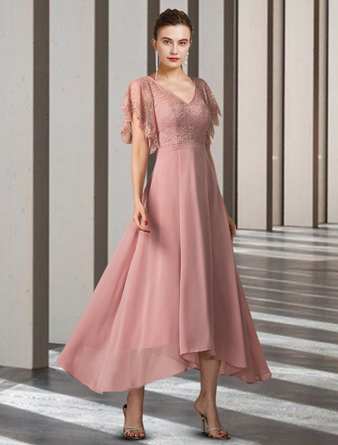 wholesale  A-Line Mother of the Bride Dress Elegant High Low V Neck Asymmetrical Tea Length Chiffon Lace Short Sleeve with Appliques