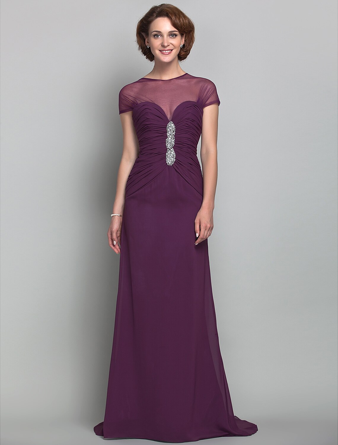 wholesale   Sheath / Column Mother of the Bride Dress See Through Jewel Neck Sweep / Brush Train Chiffon Tulle Short Sleeve with Beading Side Draping