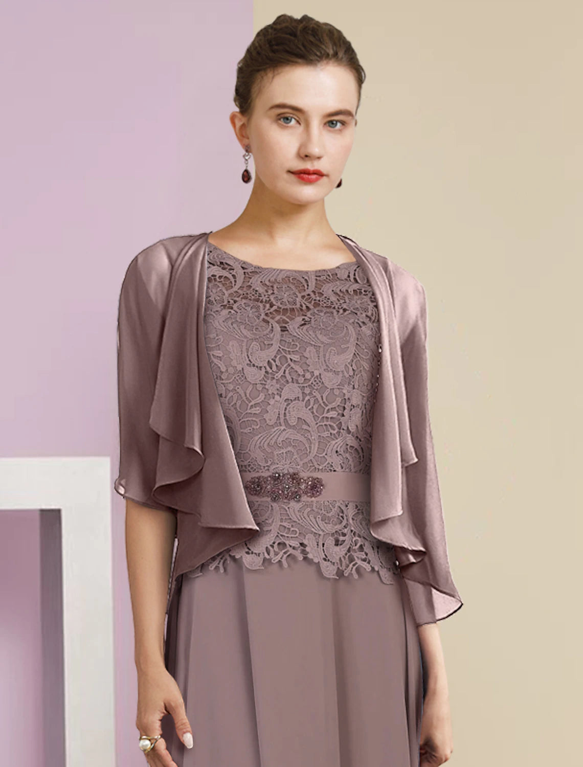 wholesale  Two Piece A-Line Mother of the Bride Dress Formal Wedding Guest Elegant Scoop Neck Floor Length Chiffon Lace 3/4 Length Sleeve Wrap Included with Appliques Crystal Brooch