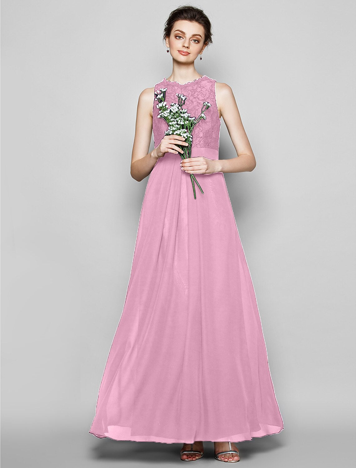 wholesale  Sheath / Column Bridesmaid Dress Jewel Neck Sleeveless Elegant Floor Length Chiffon / Lace with Lace