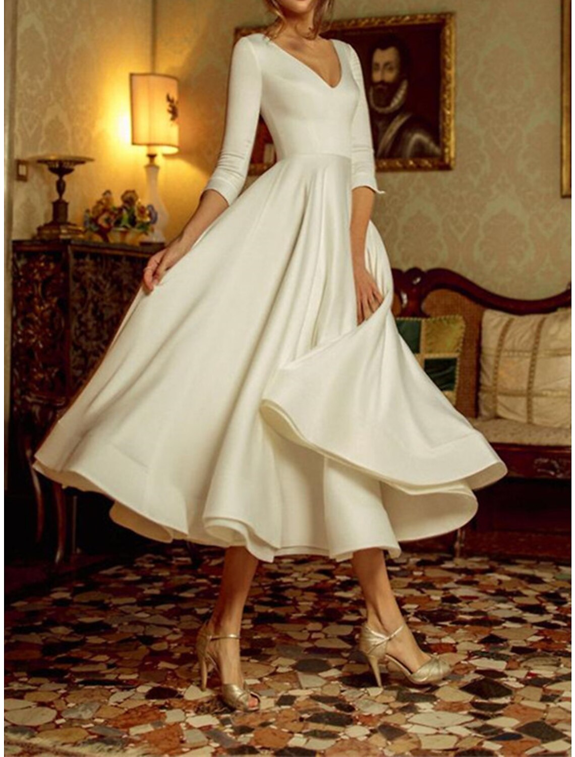 Wholesa Reception Vintage 1940s / 1950s Little White Dresses Wedding Dresses A-Line V Neck 3/4 Length Sleeve Tea Length Satin Bridal Gowns With Pleats