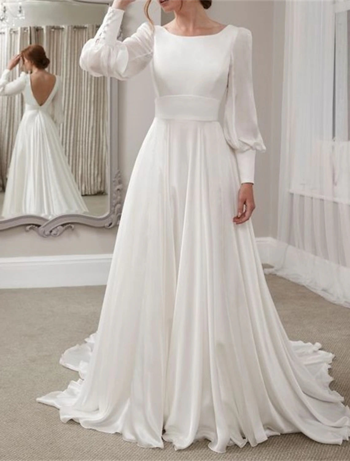 Wholesa Beach Vintage Open Back 1940s / 1950s Wedding Dresses A-Line Scoop Neck Long Sleeve Sweep / Brush Train Chiffon Bridal Gowns With Solid Color