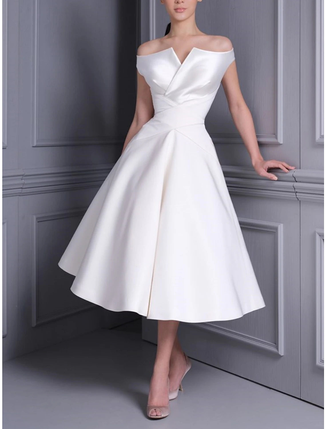 Wholesa  Little White Dresses Wedding Dresses A-Line Off Shoulder Cap Sleeve Tea Length Satin Bridal Gowns With Pleats Solid Color
