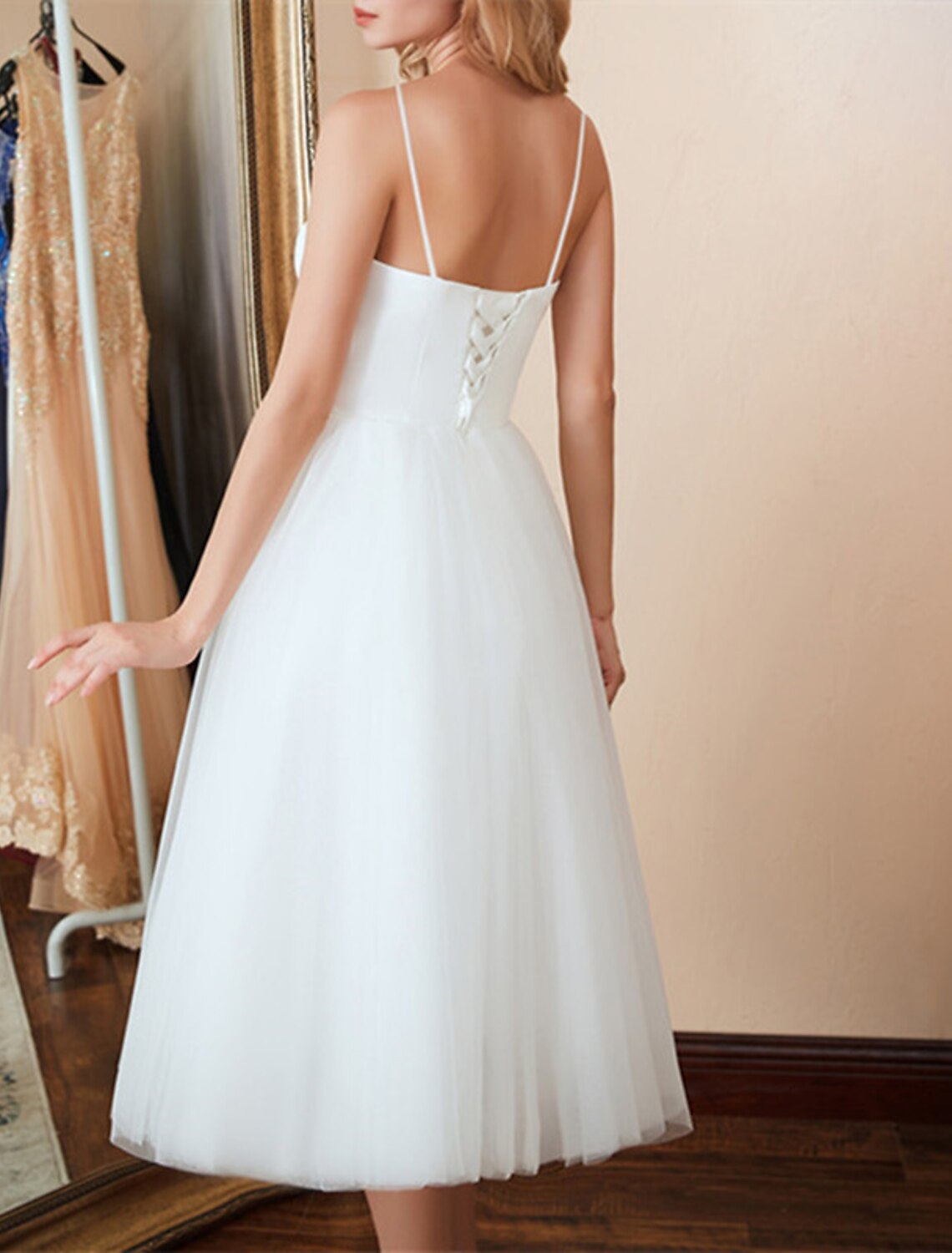Wholesa  Reception Little White Dresses Wedding Dresses A-Line Sweetheart Camisole Spaghetti Strap Tea Length Satin Bridal Gowns With Solid Color