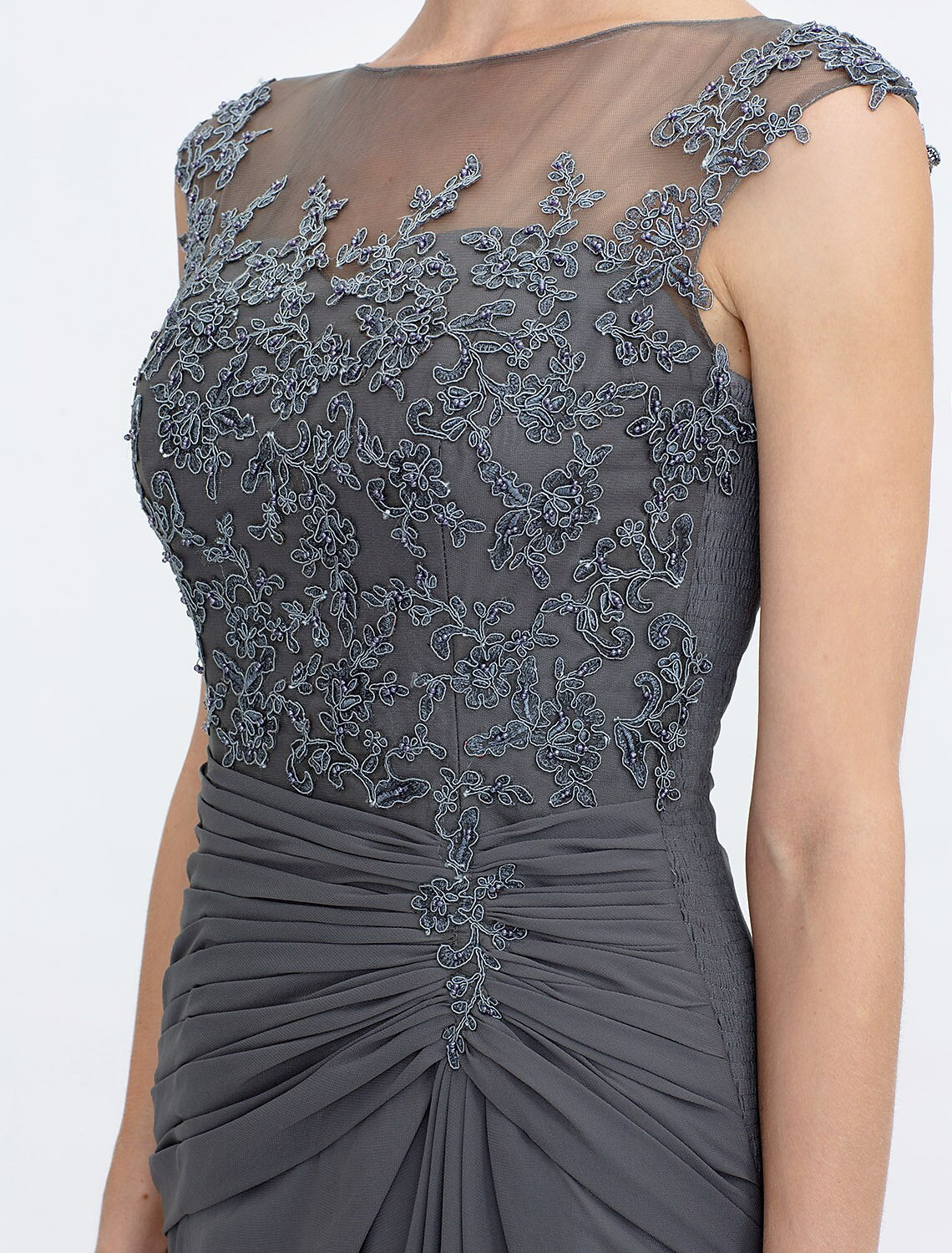 wholesale  A-Line Mother of the Bride Dress Wedding Guest Elegant See Through Bateau Neck Floor Length Chiffon Lace Sleeveless with Side Draping Fall