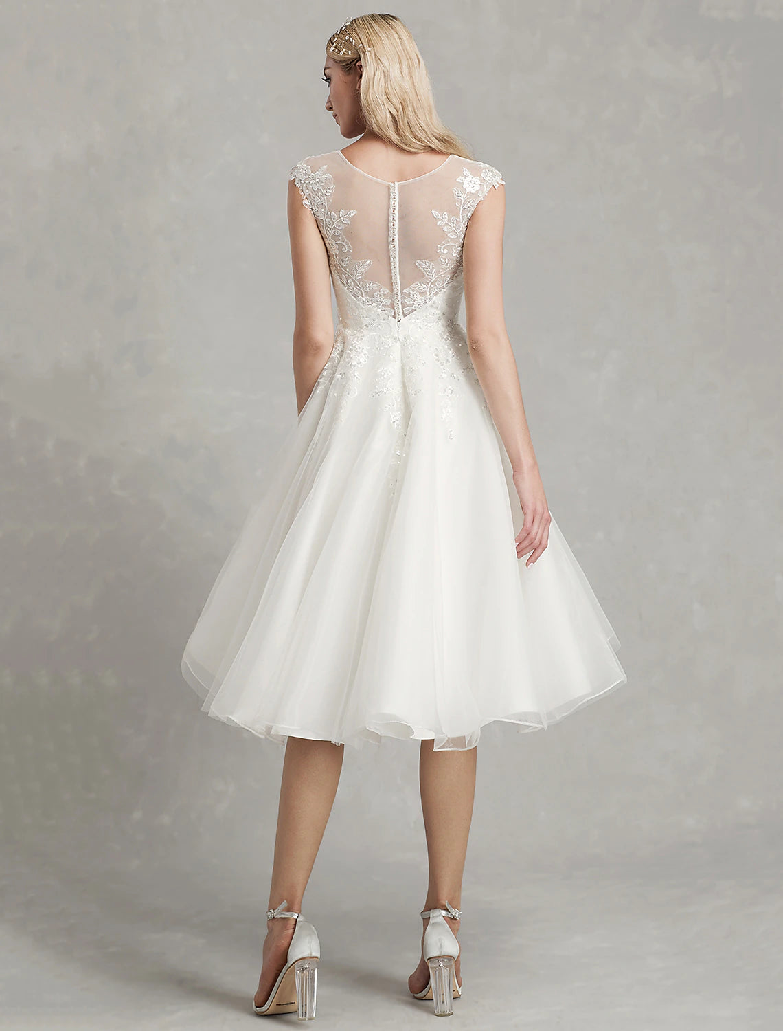 wholesale  Reception Little White Dresses Wedding Dresses A-Line Illusion Neck Cap Sleeve Knee Length Lace Bridal Gowns With Appliques
