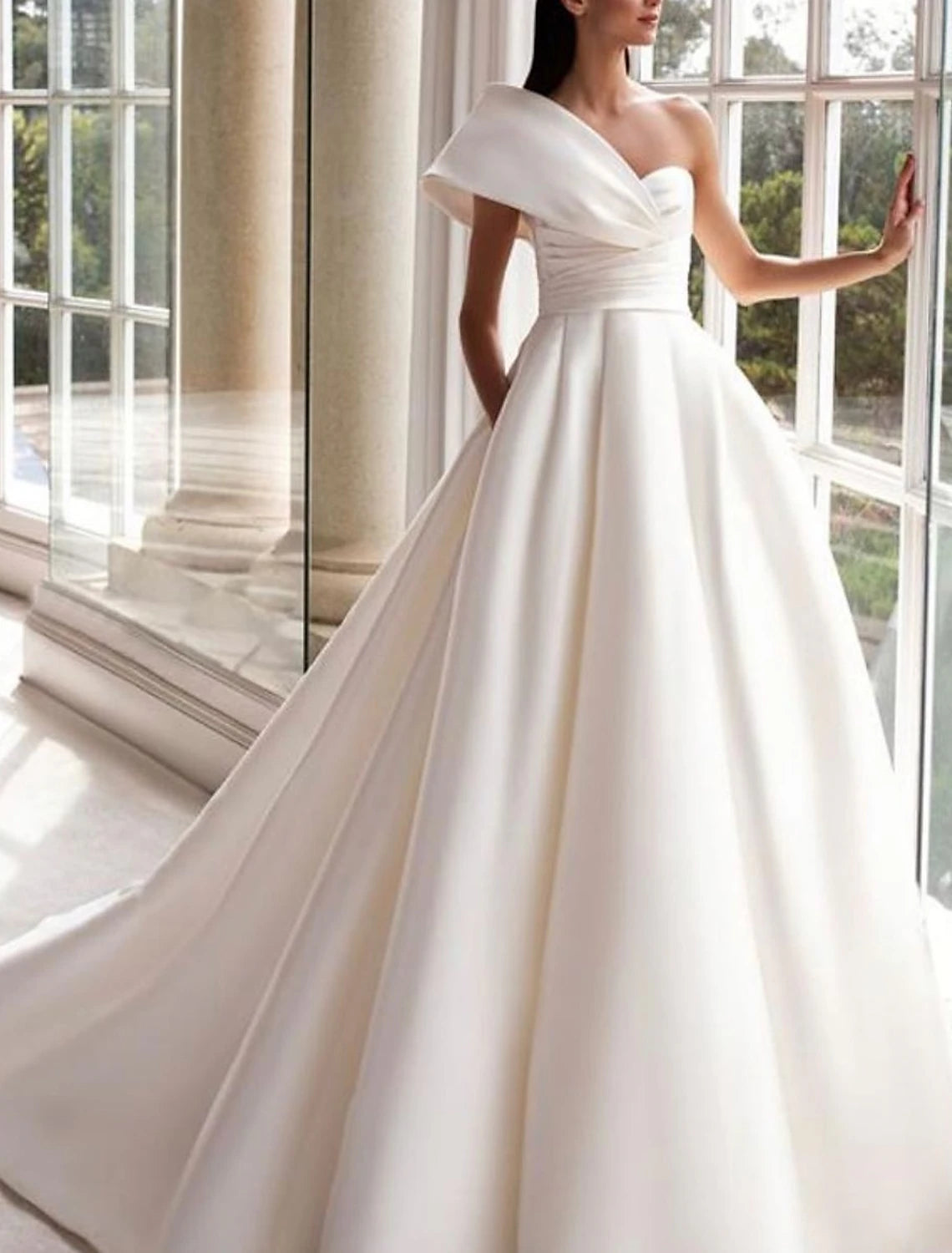 Wholesa  Hall Formal Wedding Dresses A-Line One Shoulder Sleeveless Sweep / Brush Train Satin Bridal Gowns With Ruched
