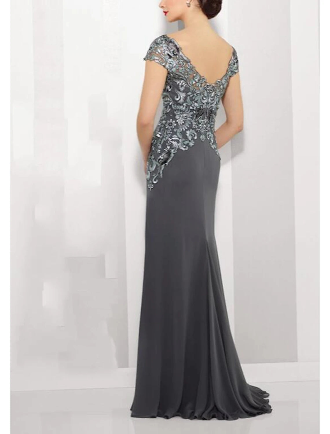 wholesale  A-Line Mother of the Bride Dress Elegant Jewel Neck Floor Length Chiffon Lace Short Sleeve with Lace Appliques