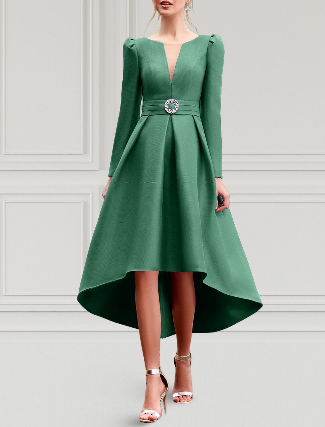 Wholesa A-Line Cocktail Dresses Elegant Dress Formal Wedding Guest Asymmetrical Long Sleeve Jewel Neck Belt / Sash Taffeta with Pleats