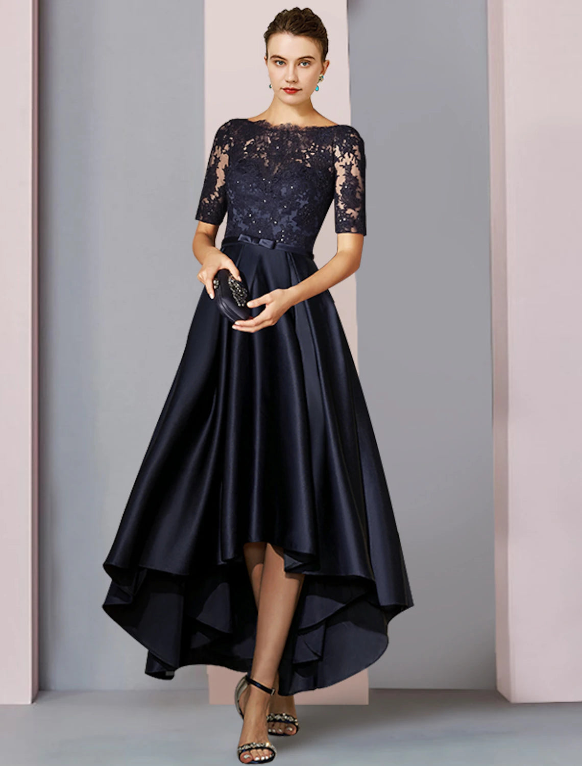 wholesale  A-Line Mother of the Bride Dress Fall Wedding Guest Elegant High Low Scoop Neck Asymmetrical Tea Length Satin Lace Short Sleeve with Bow(s) Pleats Appliques
