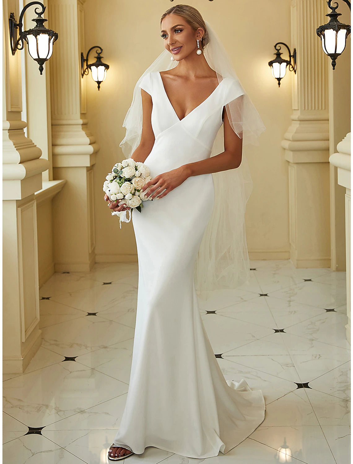 wholesale Reception Casual Wedding Dresses Mermaid / Trumpet V Neck Cap Sleeve Sweep / Brush Train Stretch Fabric Bridal Gowns With Draping Solid Color