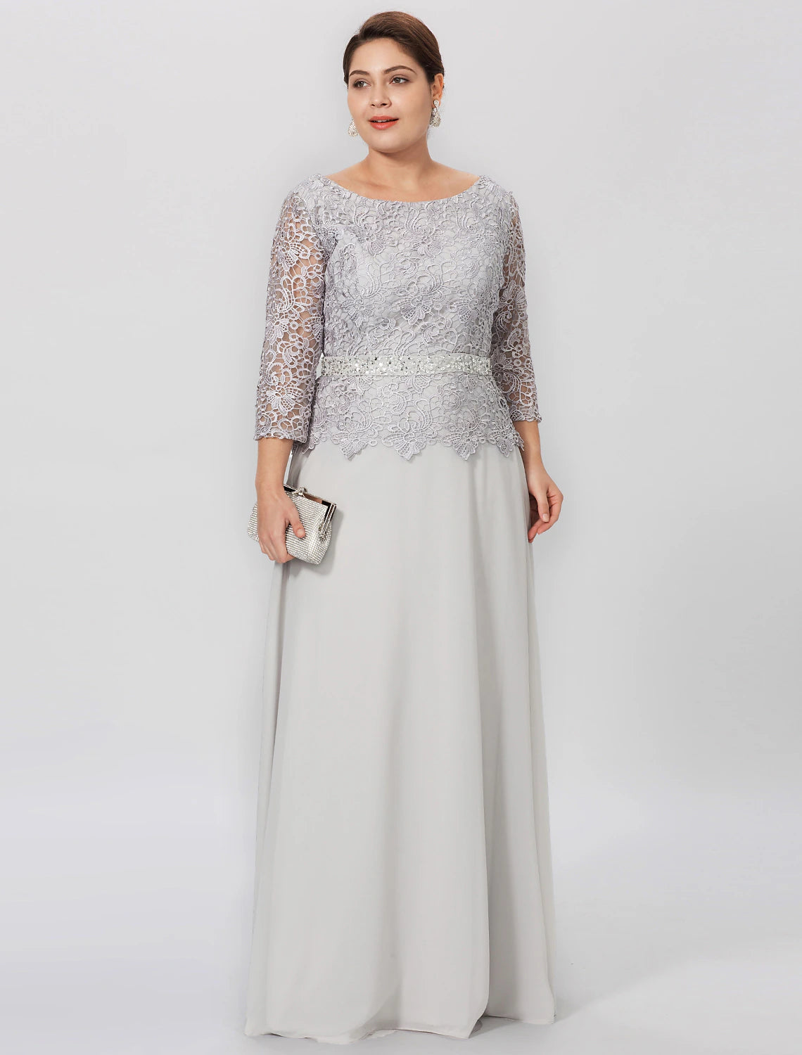 wholesale  Sheath / Column Mother of the Bride Dress Formal Plus Size Elegant Jewel Neck Floor Length Chiffon Corded Lace 3/4 Length Sleeve No with Lace