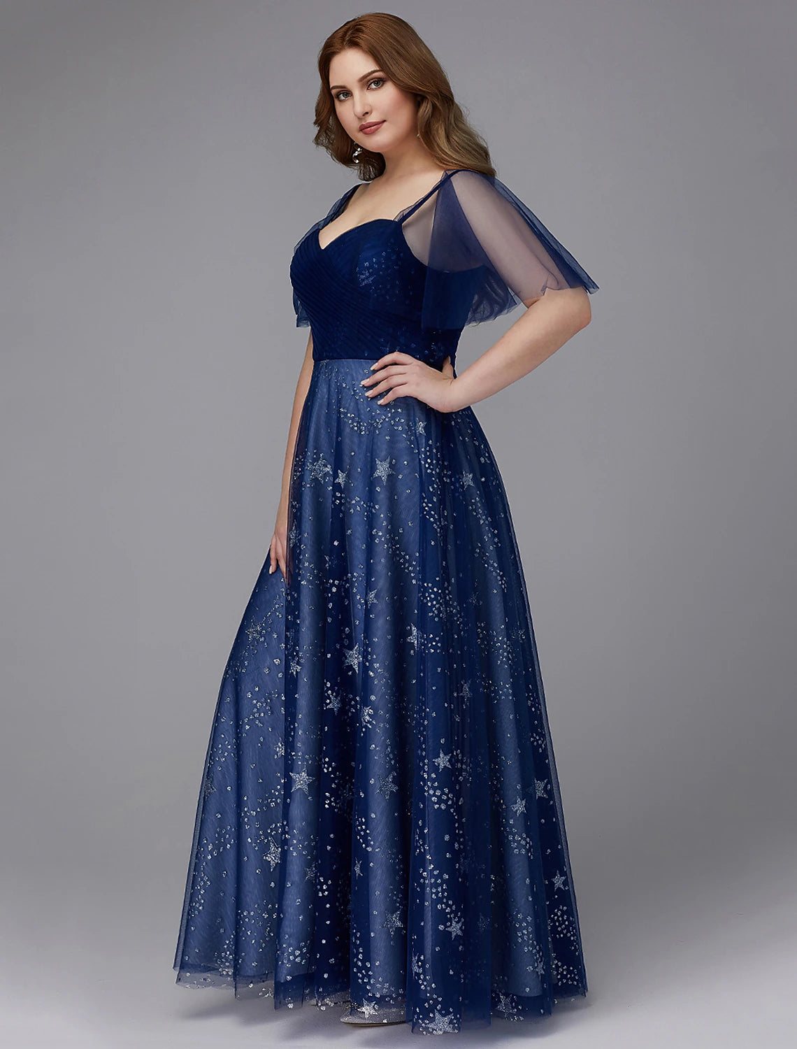 Wholesa A-Line Plus Size Dress Prom Formal Evening Floor Length Short Sleeve Sweetheart Tulle Lace-up with Beading Pattern / Print