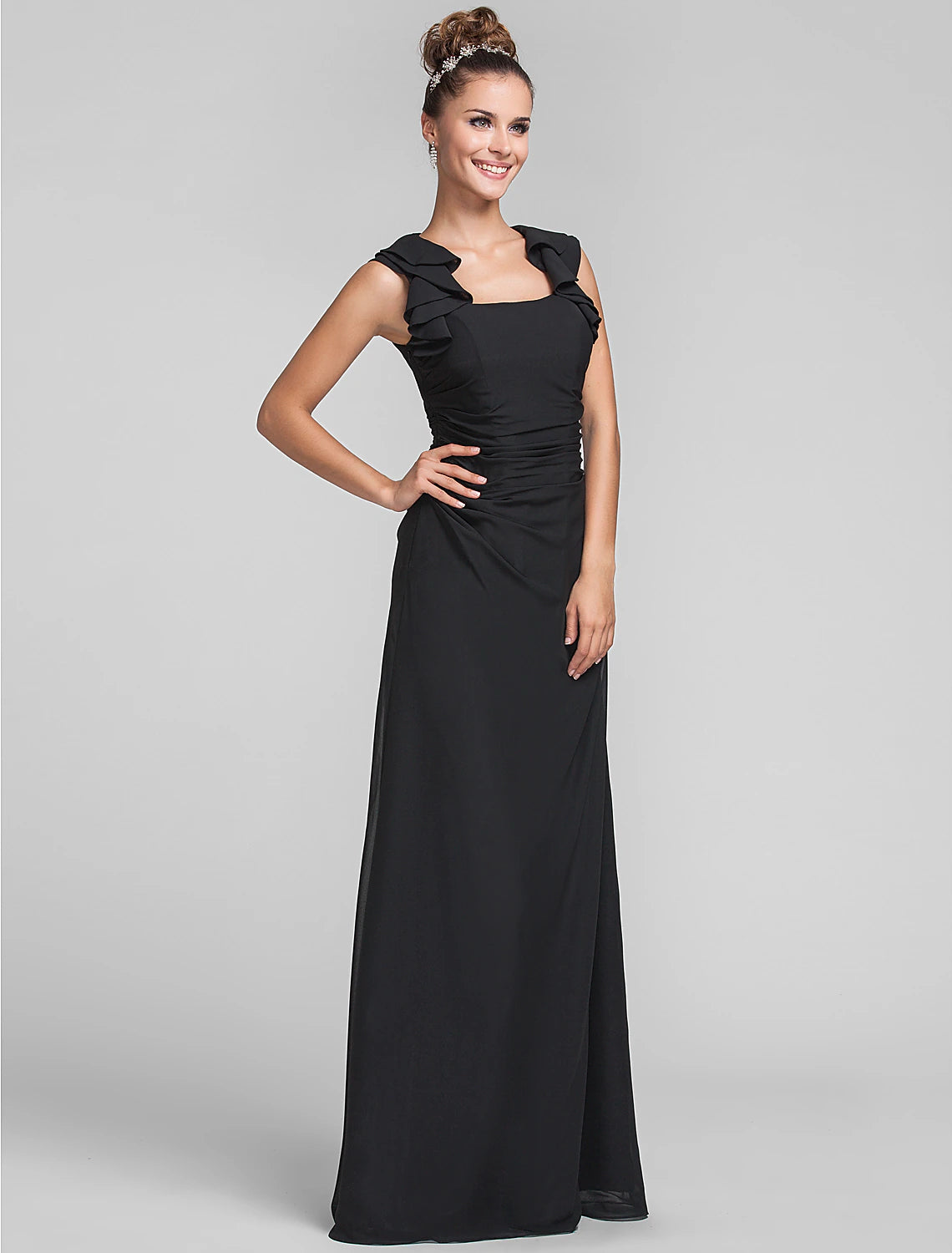 Wholesa  Sheath / Column Square Neck Floor Length Chiffon Bridesmaid Dress with Ruffles / Ruched