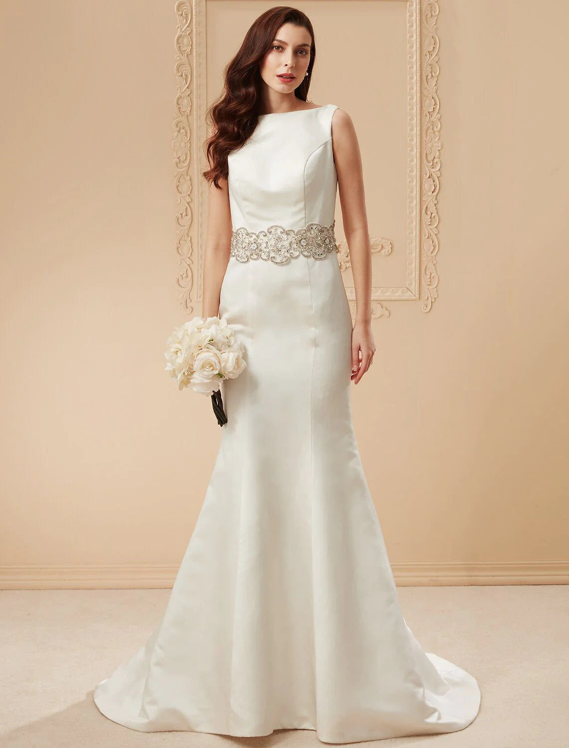 Wholesa Wedding Dresses Chapel Train Mermaid / Trumpet Sleeveless Scoop Neck Satin With Beading