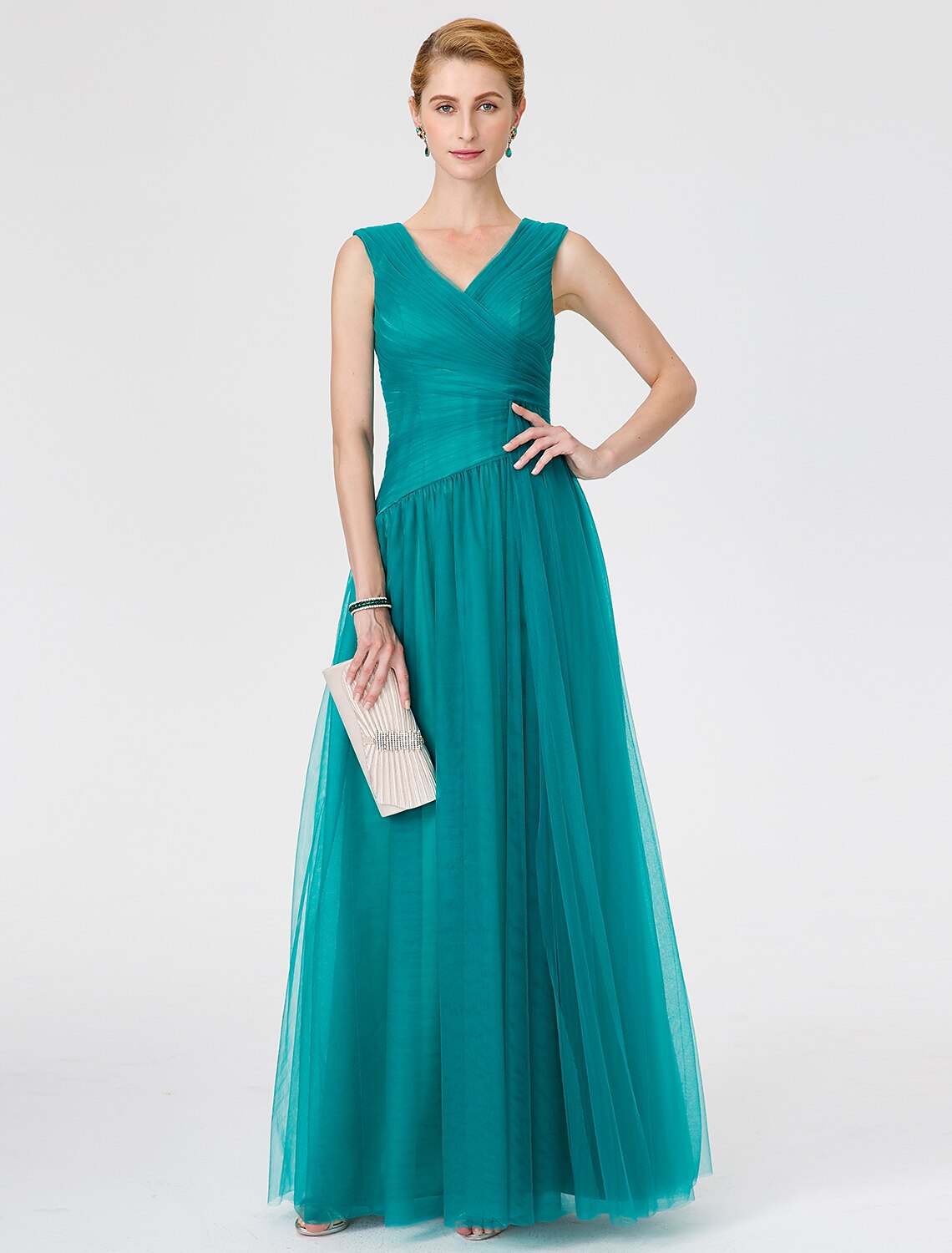 wholesale  Princess Mother of the Bride Dress Elegant V Neck Floor Length Tulle Sleeveless No with Criss Cross Ruched