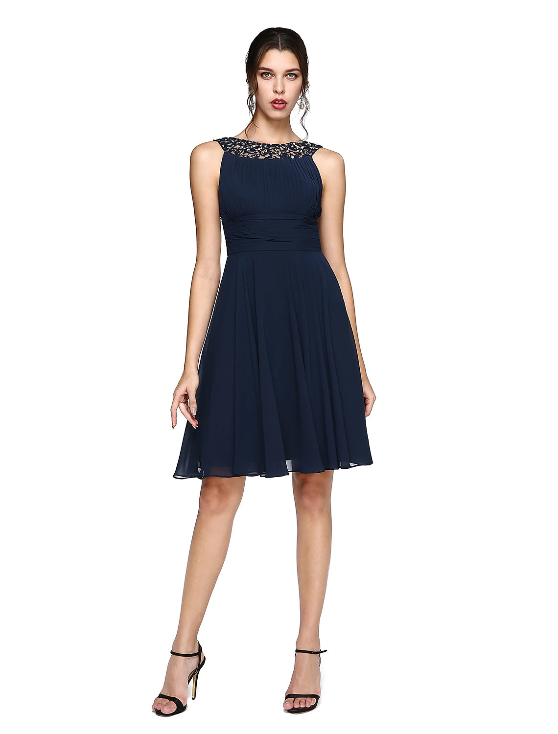 Wholesa  A-Line Cocktail Dresses Party Dress Wedding Guest Cocktail Party Knee Length Sleeveless Illusion Neck Chiffon with Ruched Sequin Lace Insert