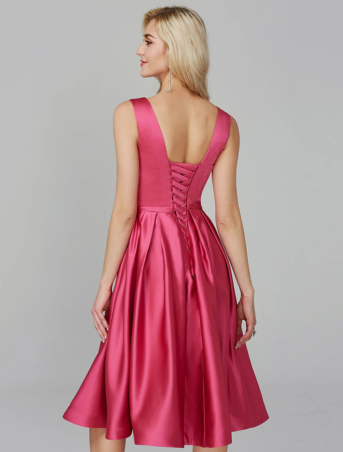 Wholesa  A-Line Elegant Dress Wedding Guest Cocktail Party Knee Length Sleeveless V Wire Pink Dress Satin with Sash / Ribbon