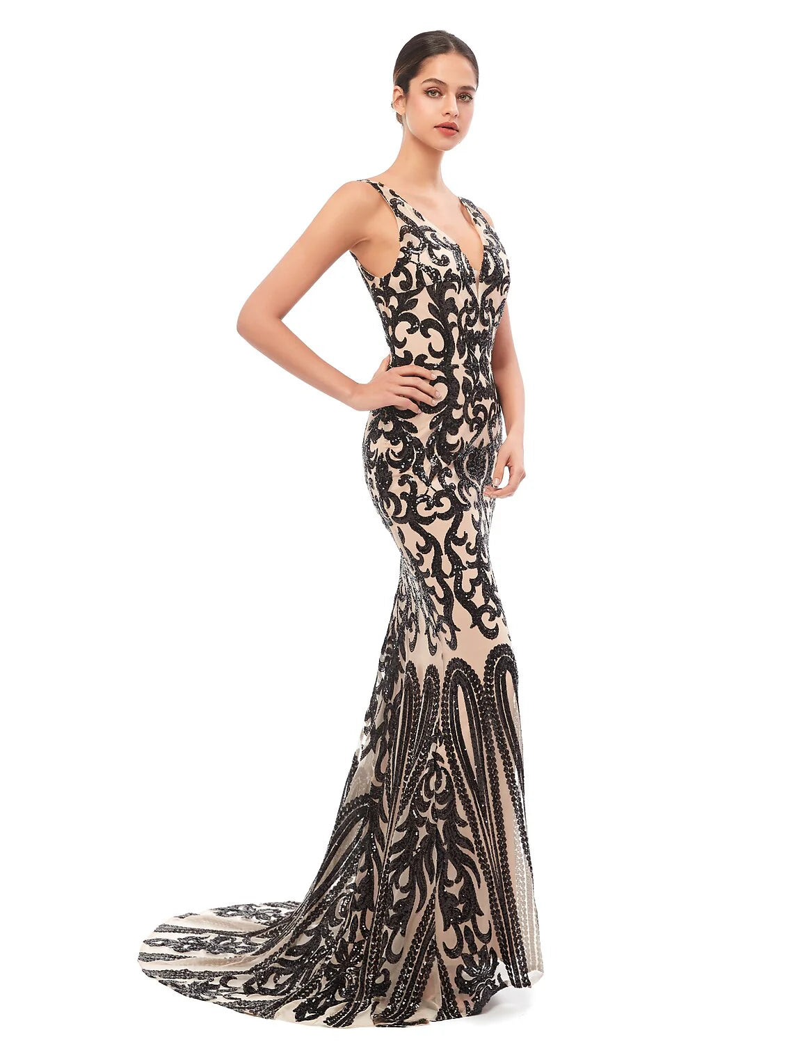 Wholesa Mermaid / Trumpet Evening Gown Celebrity Style Dress Prom Court Train Sleeveless V Neck Tulle with Sequin