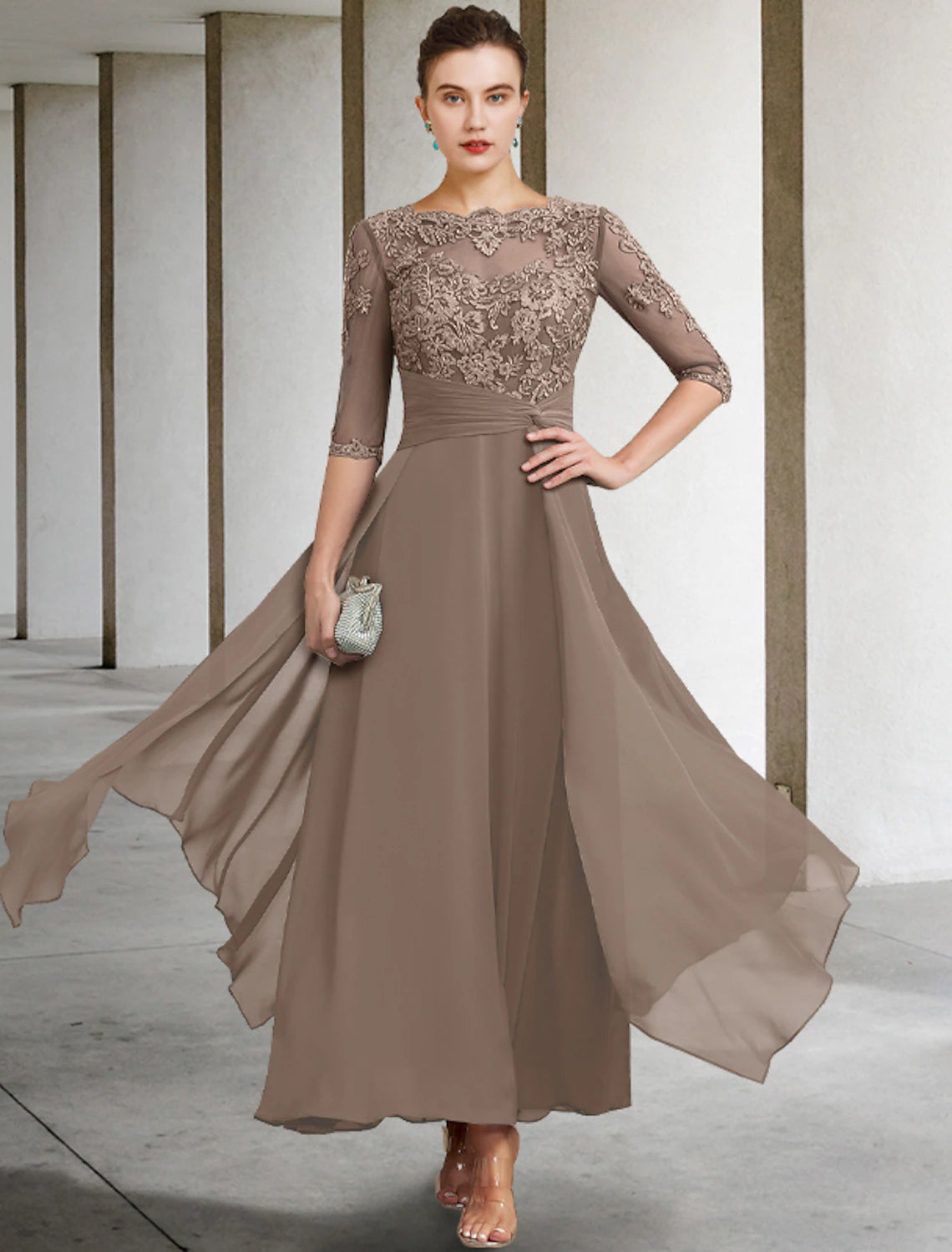 wholesale  A-Line Mother of the Bride Dress Wedding Guest Plus Size Elegant Jewel Neck Ankle Length Chiffon Lace Half Sleeve with Ruched Beading Appliques Fall