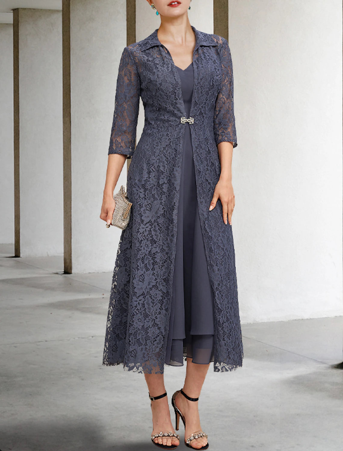 wholesale  A-Line Mother of the Bride Dress Elegant V Neck Tea Length Chiffon Lace Sleeveless Jacket Dresses with Tier Solid Color