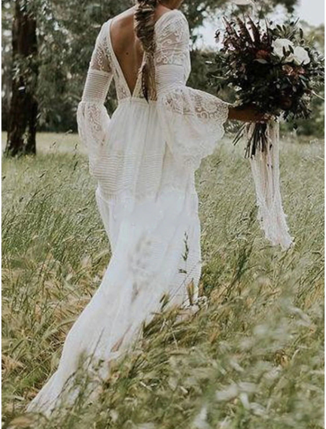 wholesale  Beach Boho Wedding Dresses A-Line V Neck Long Sleeve Floor Length Lace Outdoor Bridal Gowns With Lace