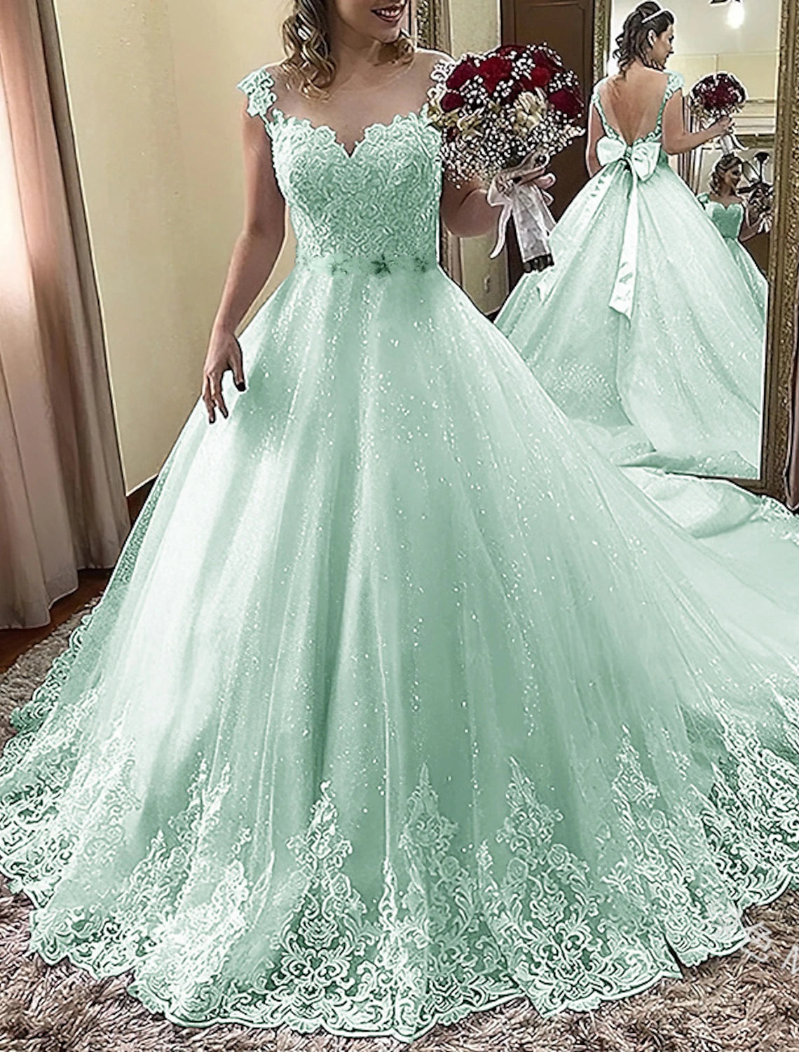 Wholesa Engagement Formal Wedding Dresses Ball Gown Illusion Neck Cap Sleeve Court Train Lace Bridal Gowns With Bow(s) Appliques