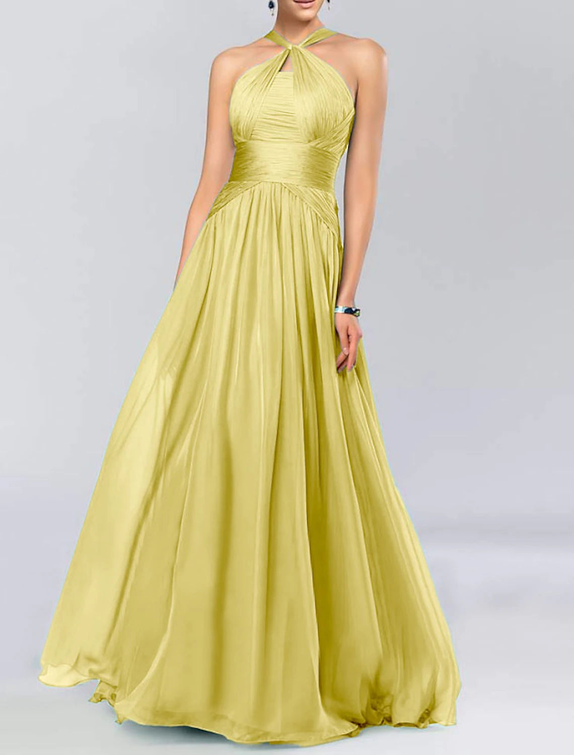 Wholesa  A-Line Bridesmaid Dress Halter Neck Sleeveless Elegant Floor Length Chiffon with Pleats / Draping
