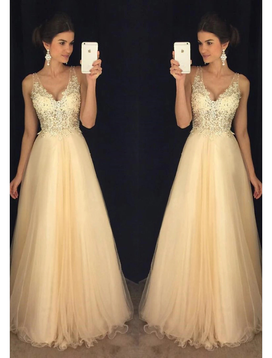 wholesale  A-Line Prom Dresses Sparkle & Shine Dress Formal Prom Floor Length Sleeveless V Neck Tulle V Back with Beading Appliques