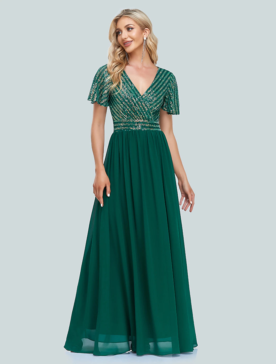 wholesale  A-Line Mermaid / Trumpet Evening Gown Sparkle & Shine Dress Christmas Wedding Guest Floor Length Short Sleeve V Neck Sequined with Sequin