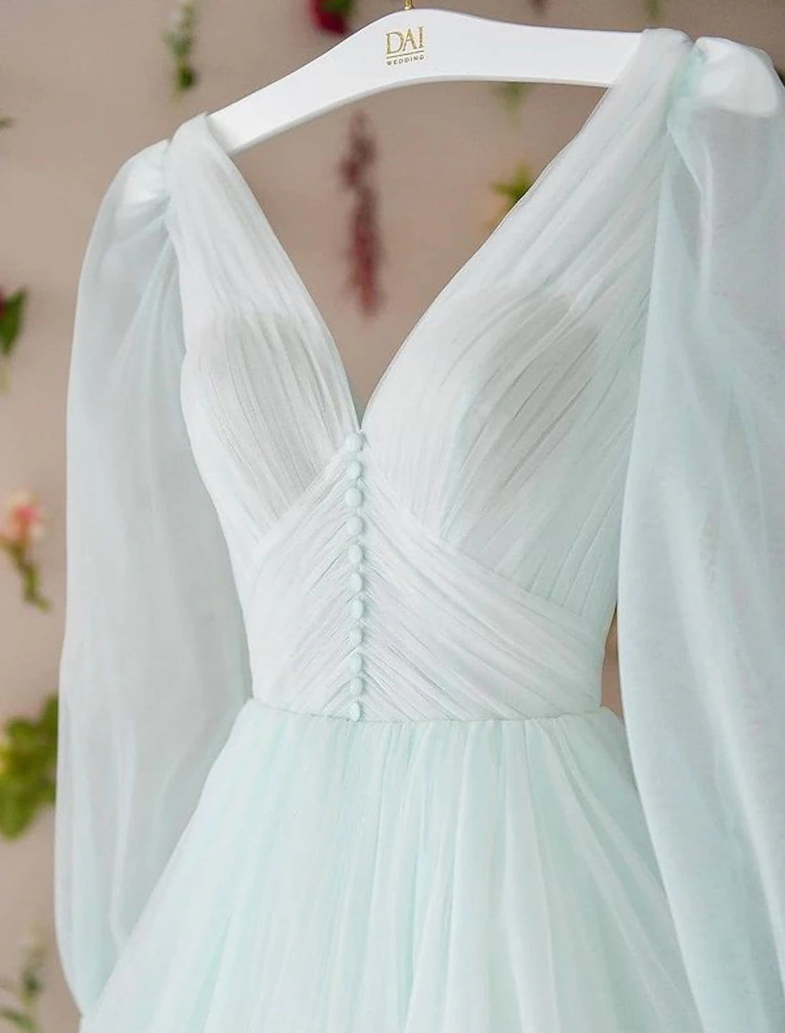 wholesale  A-Line Minimalist Elegant Party Wear Prom Dress V Neck Long Sleeve Floor Length Tulle with Pleats