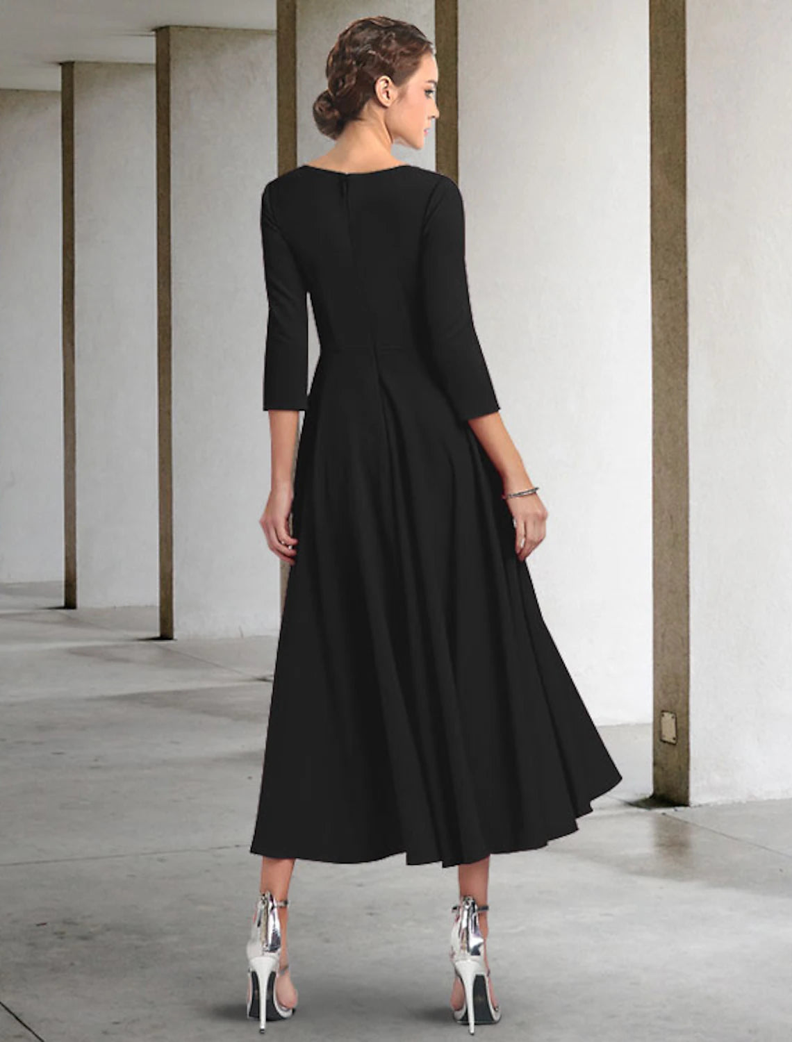 wholesale  A-Line Mother of the Bride Dress Elegant V Neck Tea Length Chiffon 3/4 Length Sleeve with Pleats