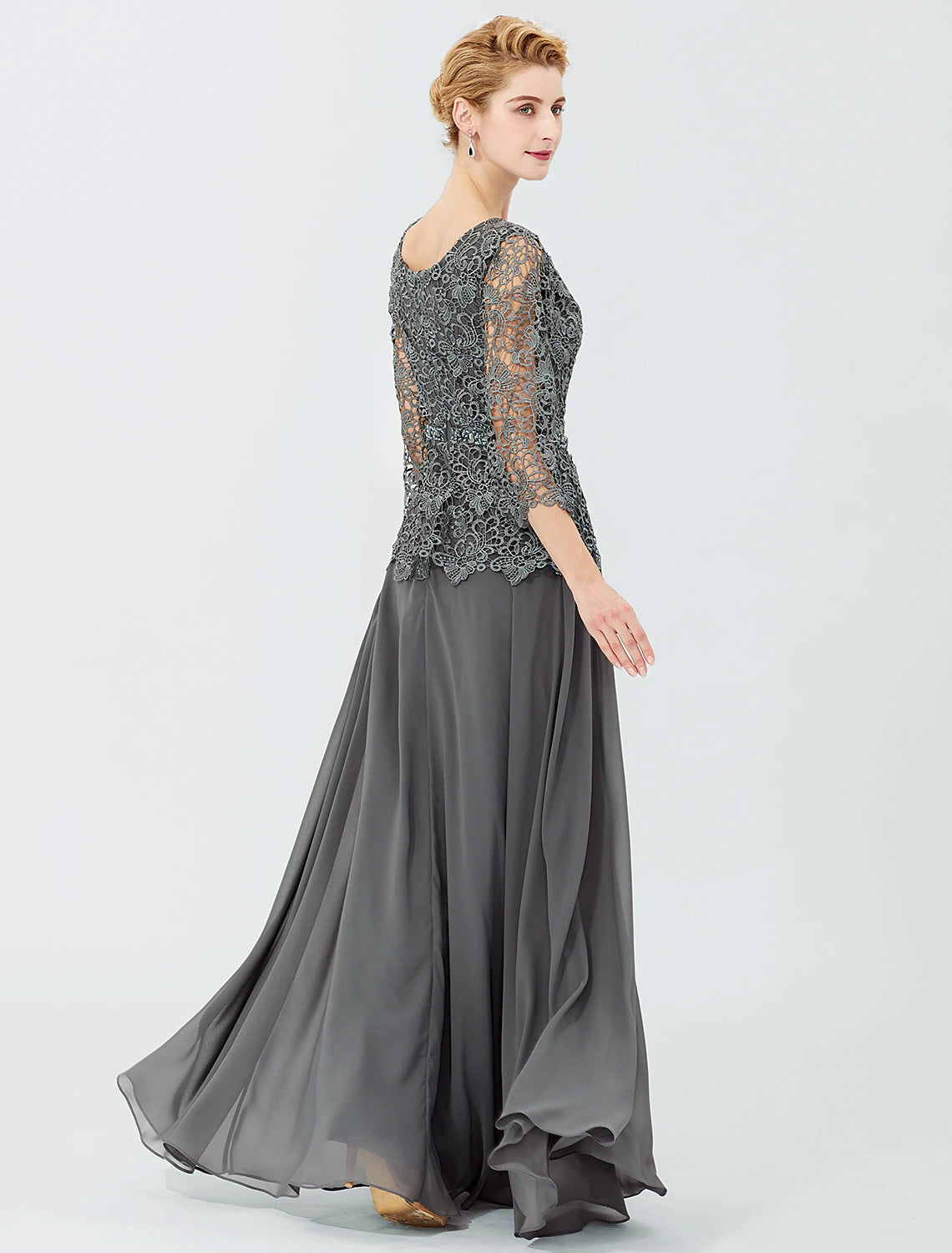wholesale   Ball Gown A-Line Mother of the Bride Dress Formal Classic & Timeless Elegant & Luxurious Elegant Scoop Neck Floor Length Chiffon Corded Lace 3/4 Length Sleeve with Sashes / Ribbons Beading
