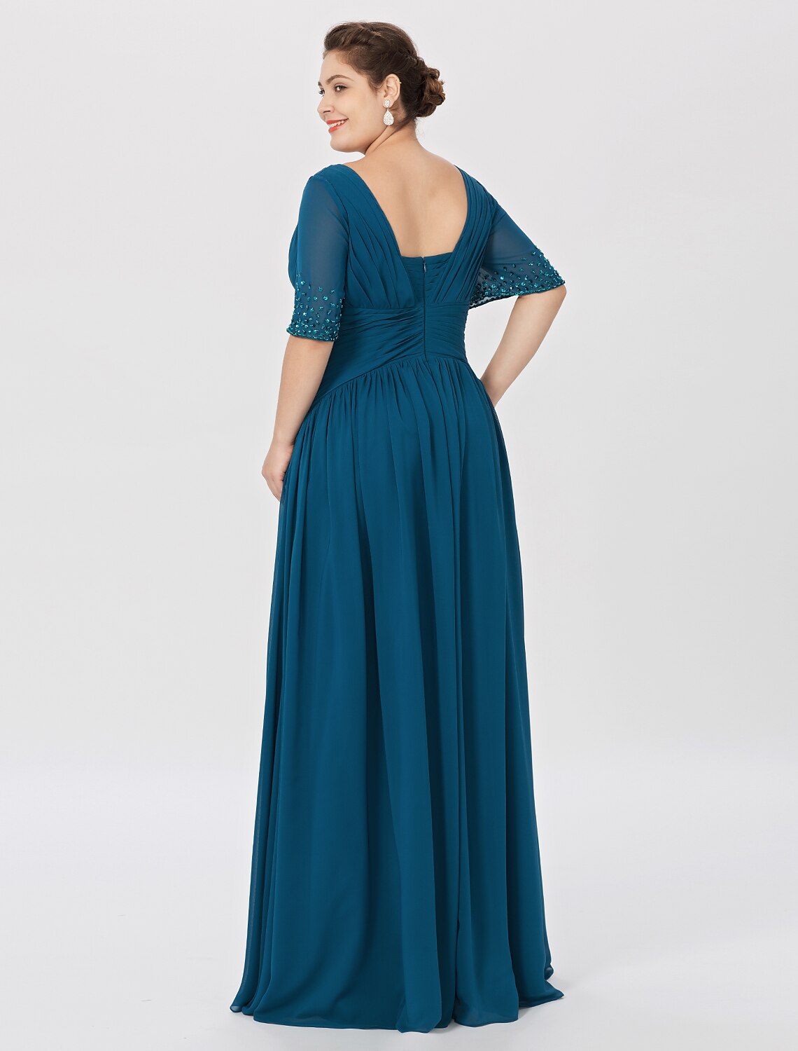 wholesale   Ball Gown A-Line Mother of the Bride Dress Formal Classic & Timeless Elegant & Luxurious Plus Size Square Neck Floor Length Chiffon Short Sleeve No with Pleats Beading