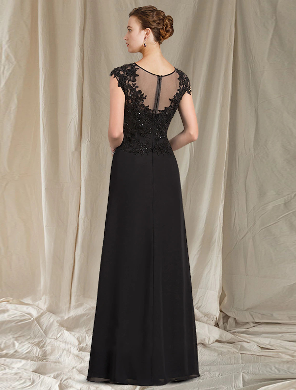 wholesale   Sheath / Column Mother of the Bride Dress Elegant Jewel Neck Floor Length Chiffon Lace Short Sleeve with Appliques Split Front