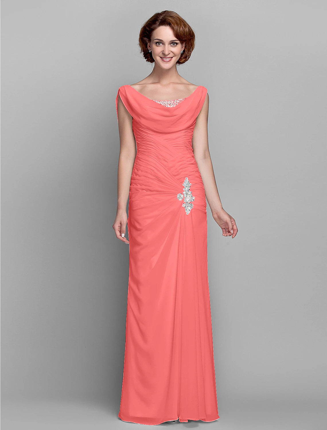 wholesale  Sheath / Column Mother of the Bride Dress Fall Wedding Guest Dresses Vintage Inspired Cowl Neck Floor Length Chiffon Sleeveless with Buttons Criss Cross Crystals