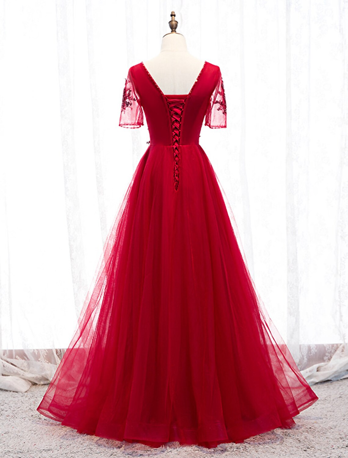 wholesale  A-Line Prom Dresses Luxurious Dress Wedding Guest Formal Evening Floor Length Short Sleeve Spaghetti Strap Tulle with Beading Appliques