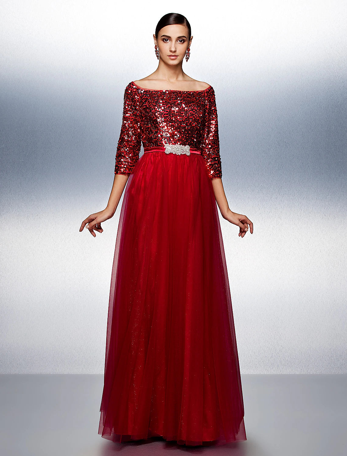 Wholesa A-Line Bateau Neck / Boat Neck Floor Length Tulle / Sequined Sparkle & Shine / Beaded & Sequin Prom / Formal Evening Dress with Sash / Ribbon / Sequin