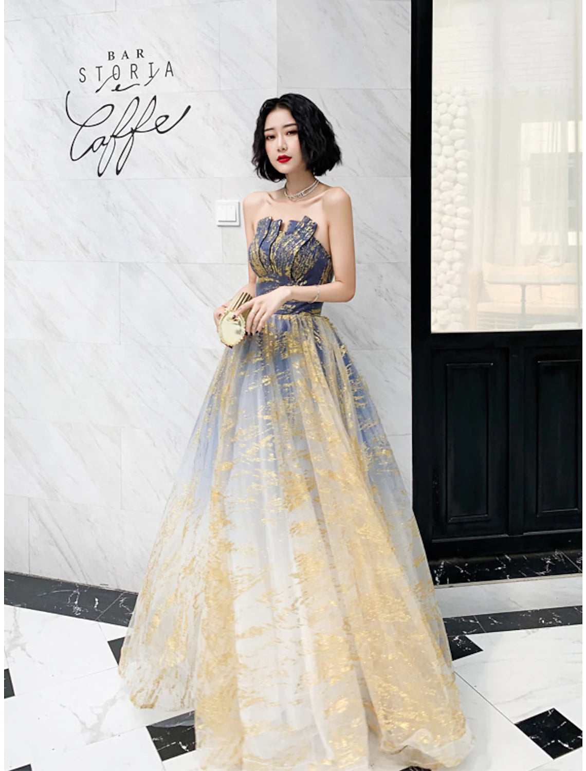 Wholesa A-Line Color Block Sparkle Engagement Prom Dress Strapless Sleeveless Floor Length Sequined with Sequin