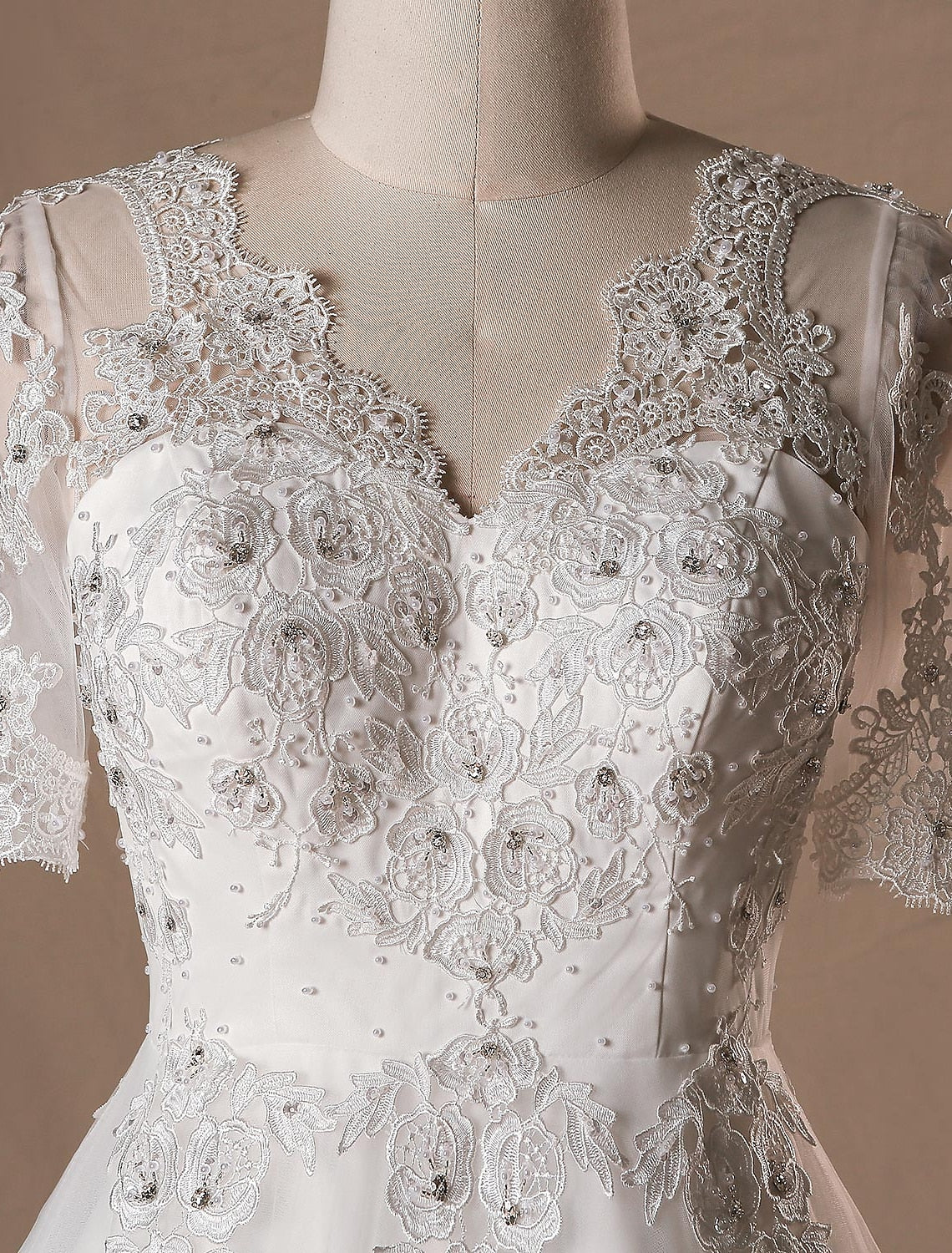 wholesale  Hall Wedding Dresses A-Line V Neck Half Sleeve Cathedral Train Satin Bridal Gowns With Lace Crystals